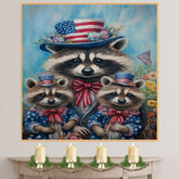 Patriotic Raccoon Family in American Flag Outfits and Hats with Flowers and Flags for Fourth of July Celebration on Ready to Hang 1.5" Thick Canvas Wrap, Floating Framed Canvas, Flat Rolled Canvas